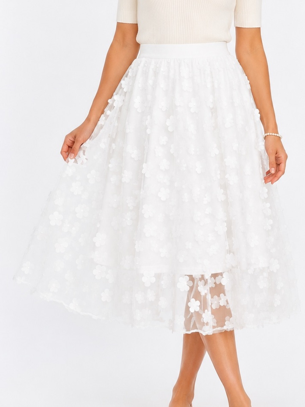 NWT Glamour White Tulle 3D Floral Appliques Romantic Coquette Midi Skirt Size XL
